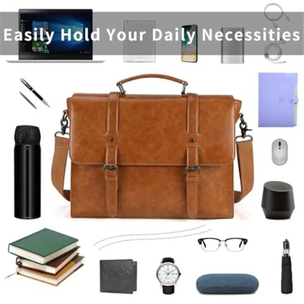 Mens Leather Messenger Bag Waterproof Laptop Briefcase Shoulder Bag 15 Inch